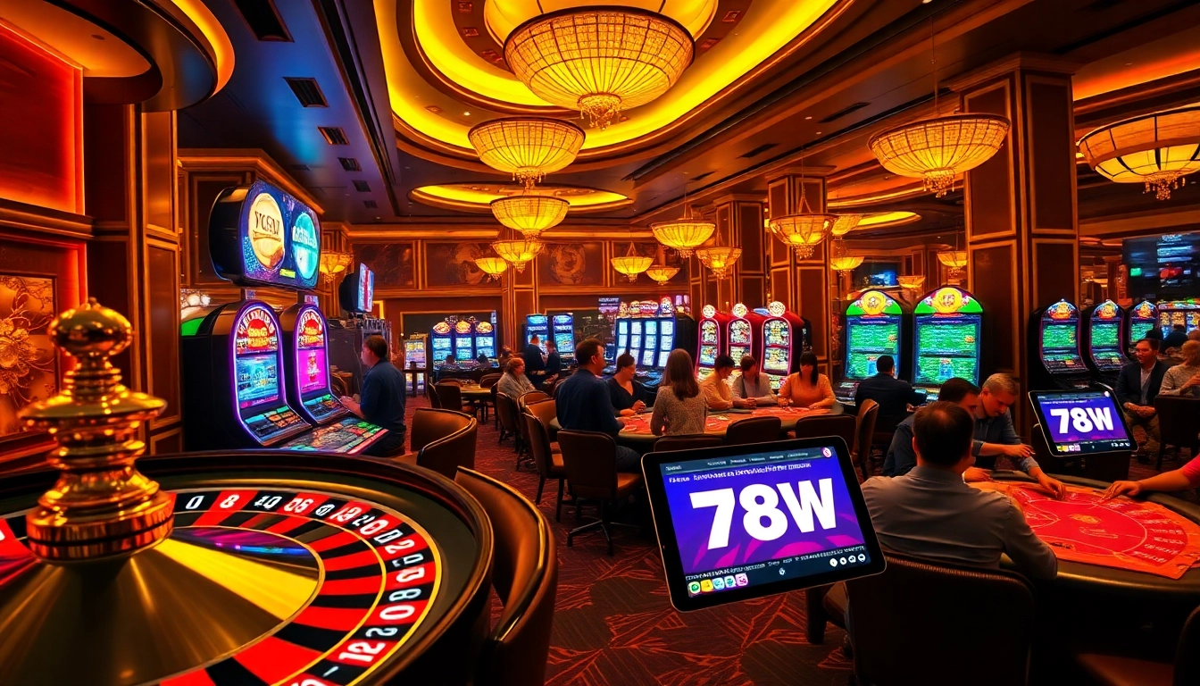 Players engaging in thrilling games at 789win's luxurious casino environment filled with vibrant slot machines and poker tables.