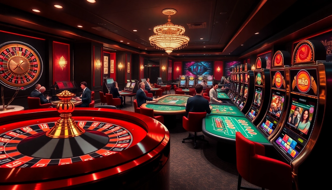 Immersive gambling experience at Man 88 with vibrant slot machines and elegant casino tables.