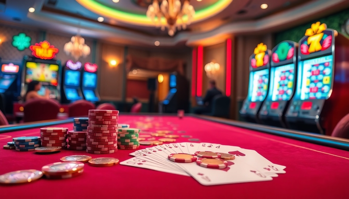 Experience high-stakes gaming at 6slots8 com with poker chips, cards, and vibrant slot machines.