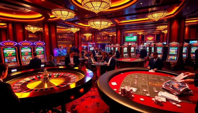 Experience the excitement of Trang Chủ TR88 with luxurious casino tables and vibrant slot machines.