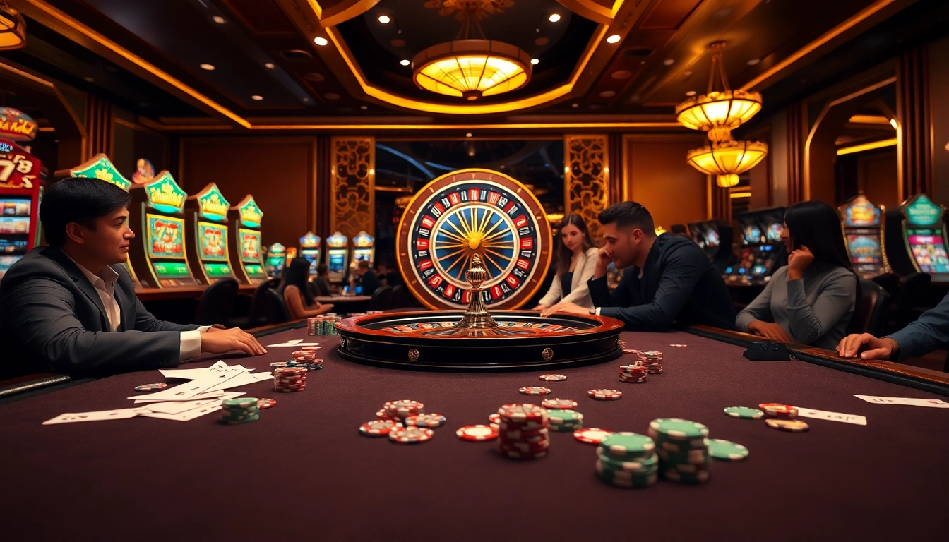 Engage with the thrilling atmosphere of http://789winf.com/ featuring a vibrant casino scene with poker tables and roulette wheels.