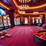 Experience thrilling moments at the 7C77 one poker table with gleaming chips and vibrant slot machines.