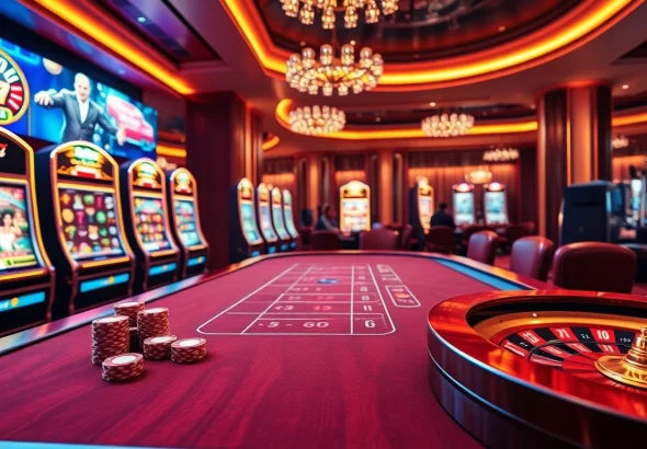 Experience thrilling moments at the 7C77 one poker table with gleaming chips and vibrant slot machines.