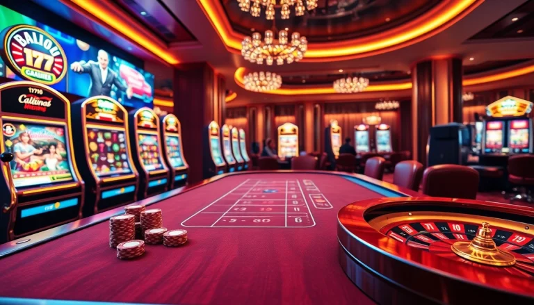 Experience thrilling moments at the 7C77 one poker table with gleaming chips and vibrant slot machines.