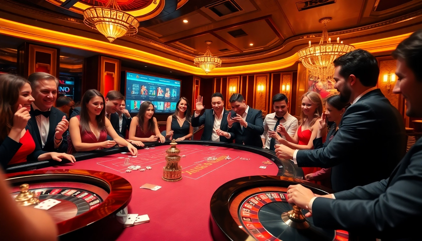 Players engaging with the J88 gaming table, immersed in a vibrant casino atmosphere.