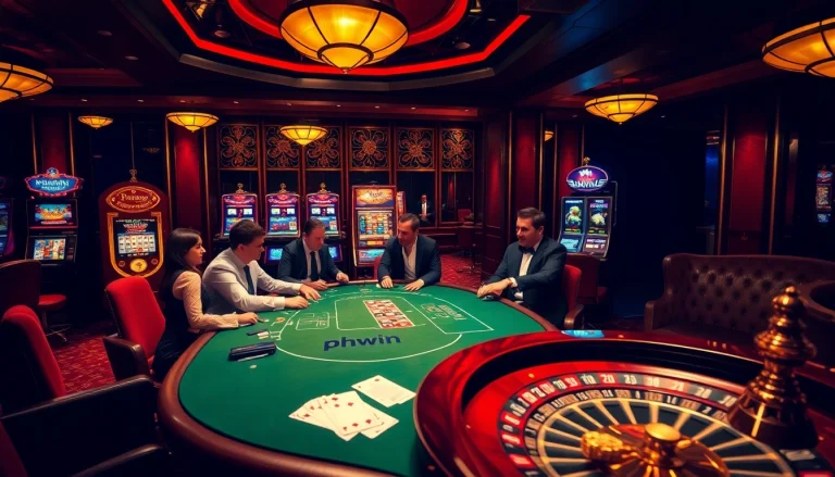 Engage with phwin in a vibrant casino atmosphere featuring a poker table and slot machines.