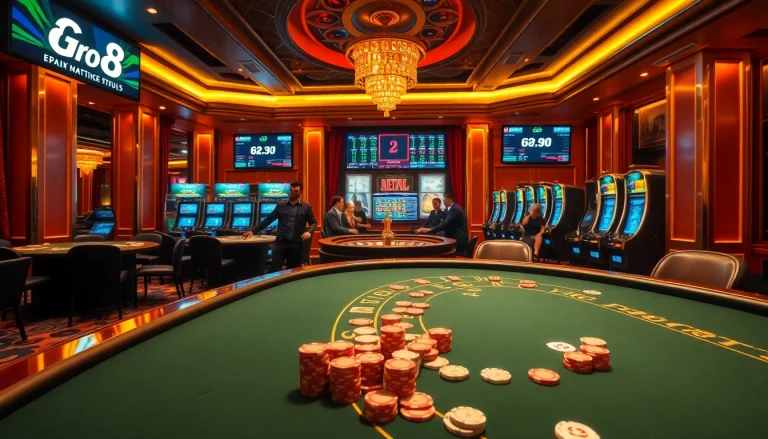 Experience the thrill of GO8 poker tables with vibrant chips and an exciting casino atmosphere.