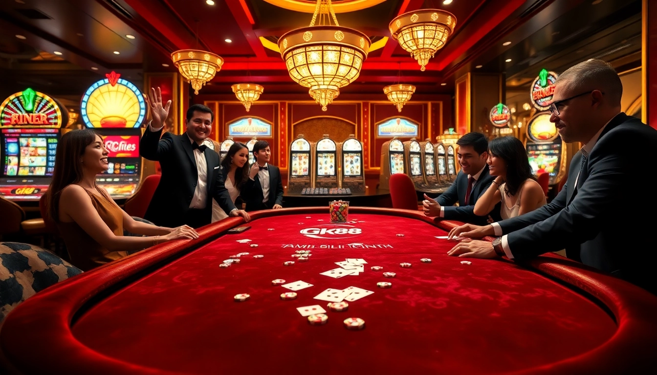 Thrilling GK88 online casino scene with players at an elegant gaming table and vivid slot machines.