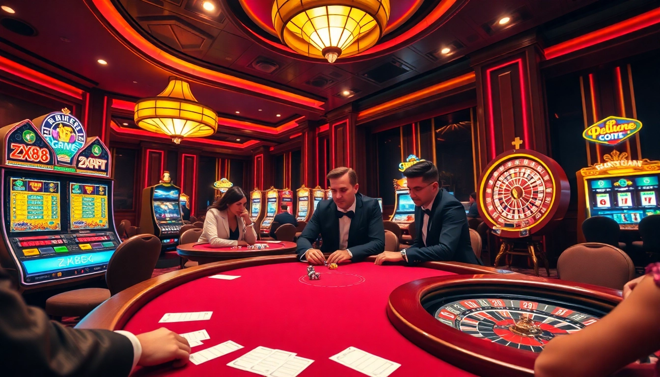 Engaged players enjoying the thrill of ZX88-themed gaming in a glamorous casino.