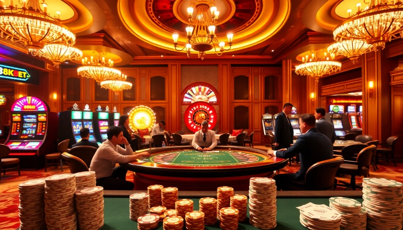 Experience the thrill of 8KBET at a luxurious poker table surrounded by casino excitement.