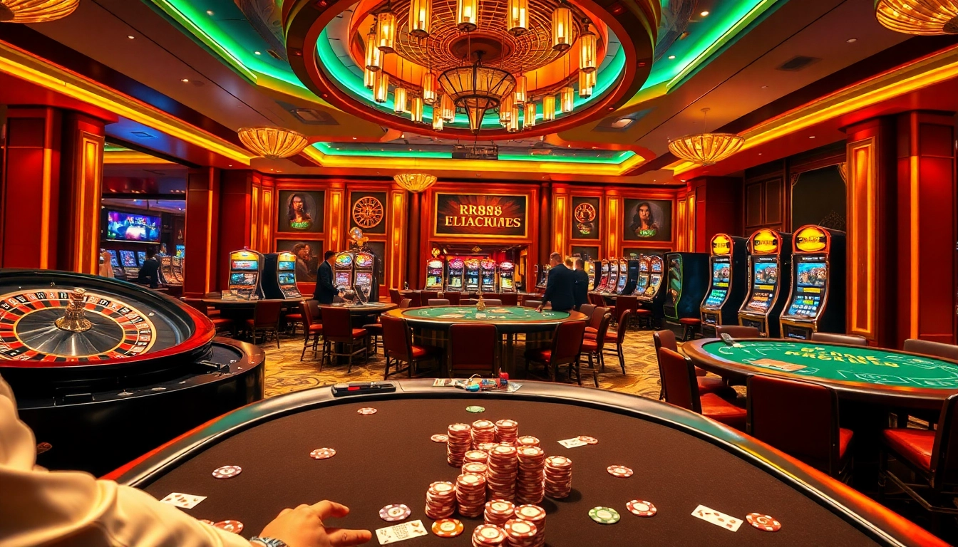 Experience the thrill at RR88 casino with dynamic gaming tables, chips, and vibrant ambiance.