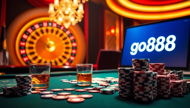 Play exciting games on go88. com with a vibrant poker atmosphere showcasing chips and cards.