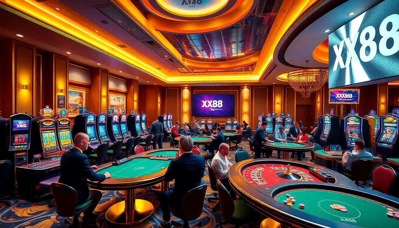Players engaging in casino games at XX88, showcasing excitement and professional gambling atmosphere.