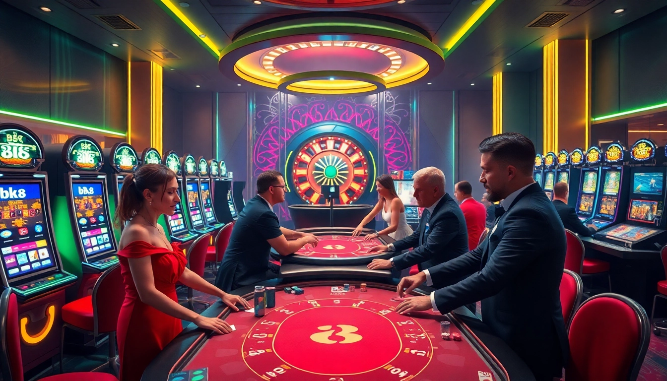 Experience the excitement of BK8 as players engage in high-stakes poker at a luxurious casino.