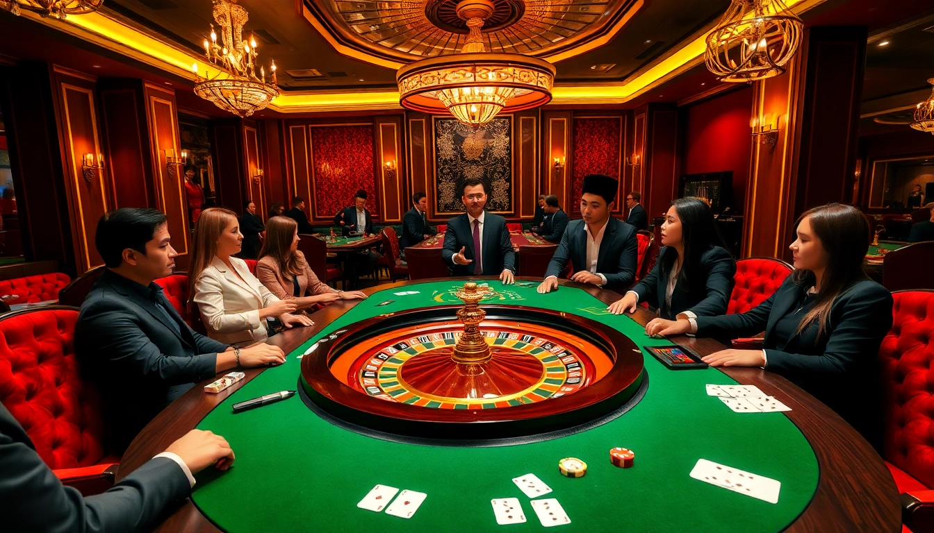 Players engaging in thrilling roulette action at a luxurious casino featuring link nohu90.