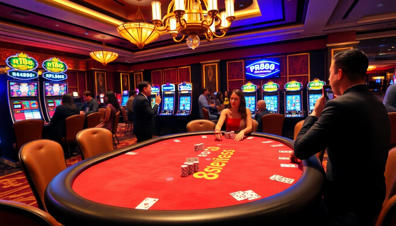 Players winning at the RR88 poker table amidst a luxurious casino environment.