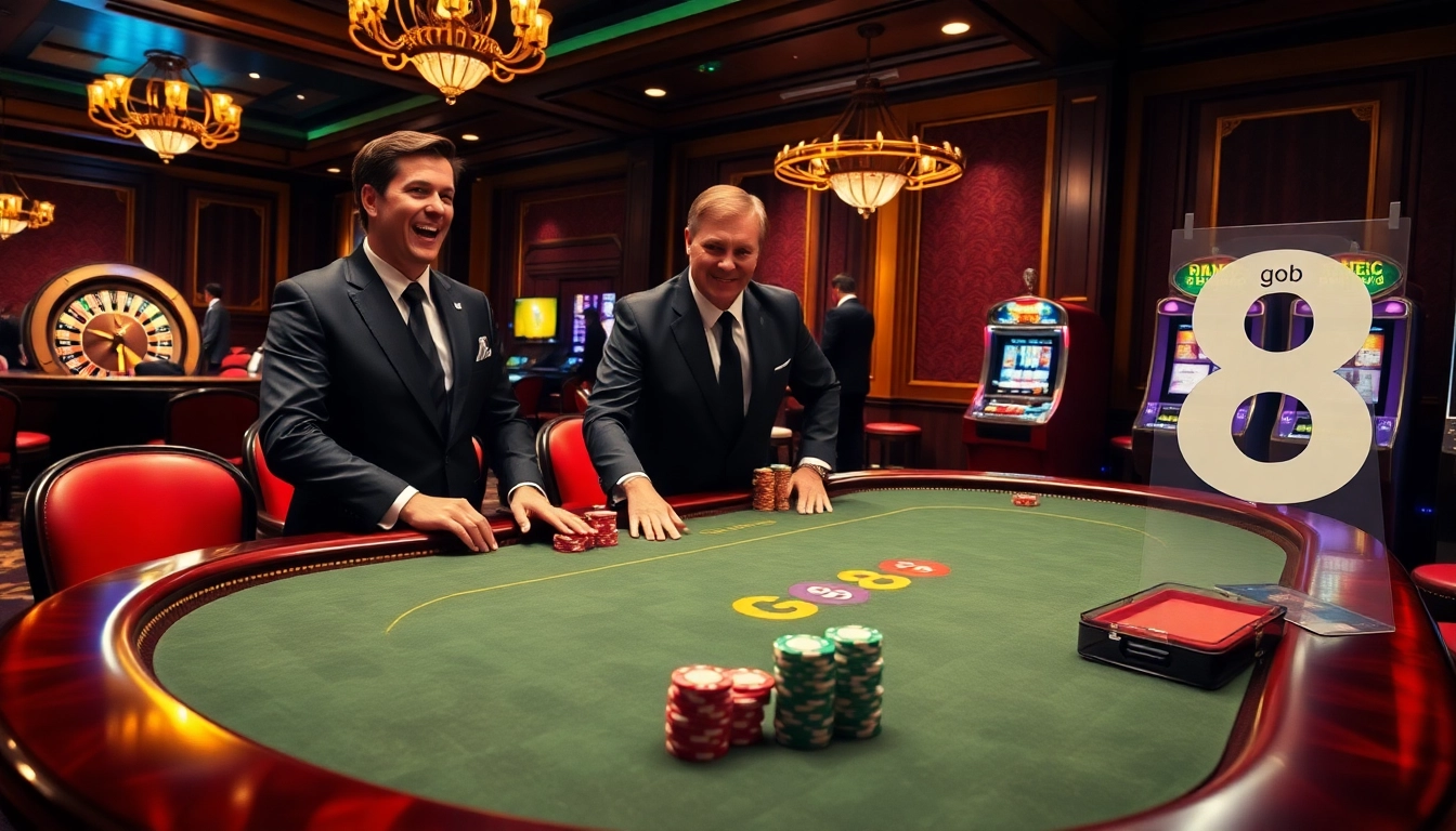 Experience the thrill of go8 poker with vibrant chips and professional dealers in an elegant casino.