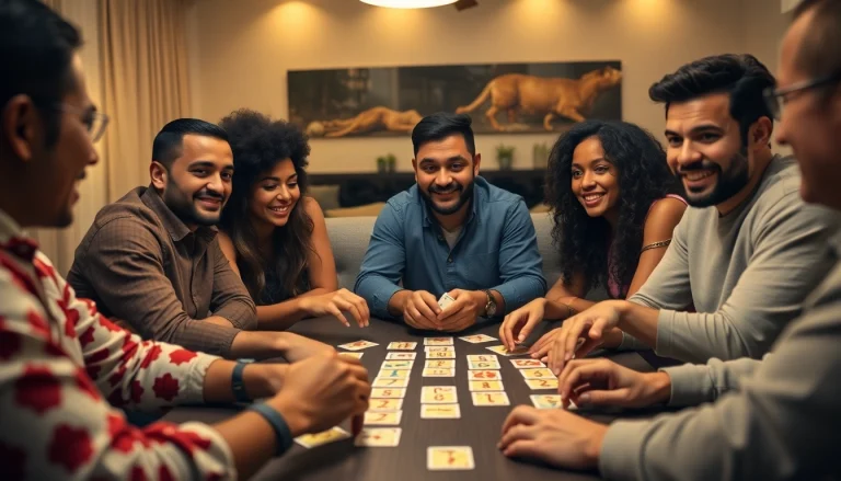 Players enjoying a lively game of yono rummy with colorful cards in a modern setting.