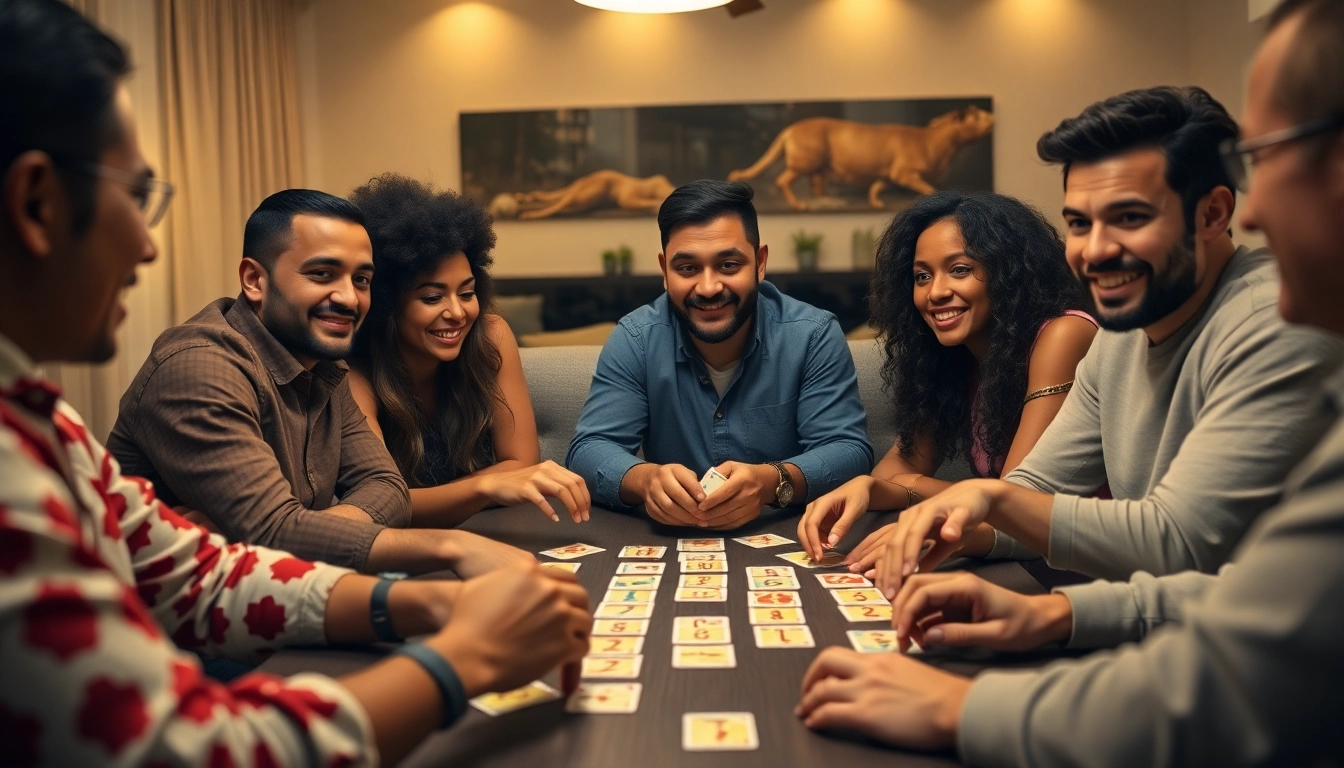 Players enjoying a lively game of yono rummy with colorful cards in a modern setting.