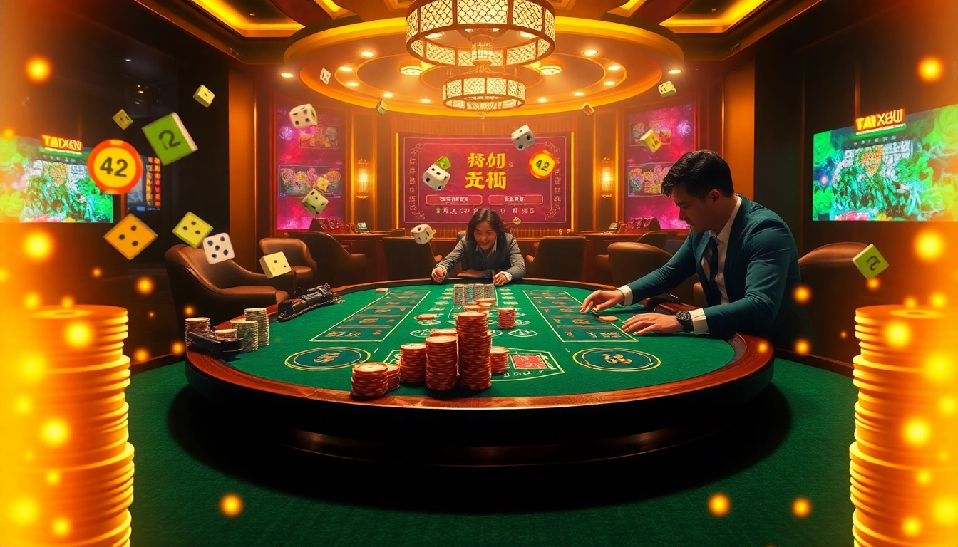 Tai Xiu Go88 players placing bets at an elegant casino table with colorful dice and chips.