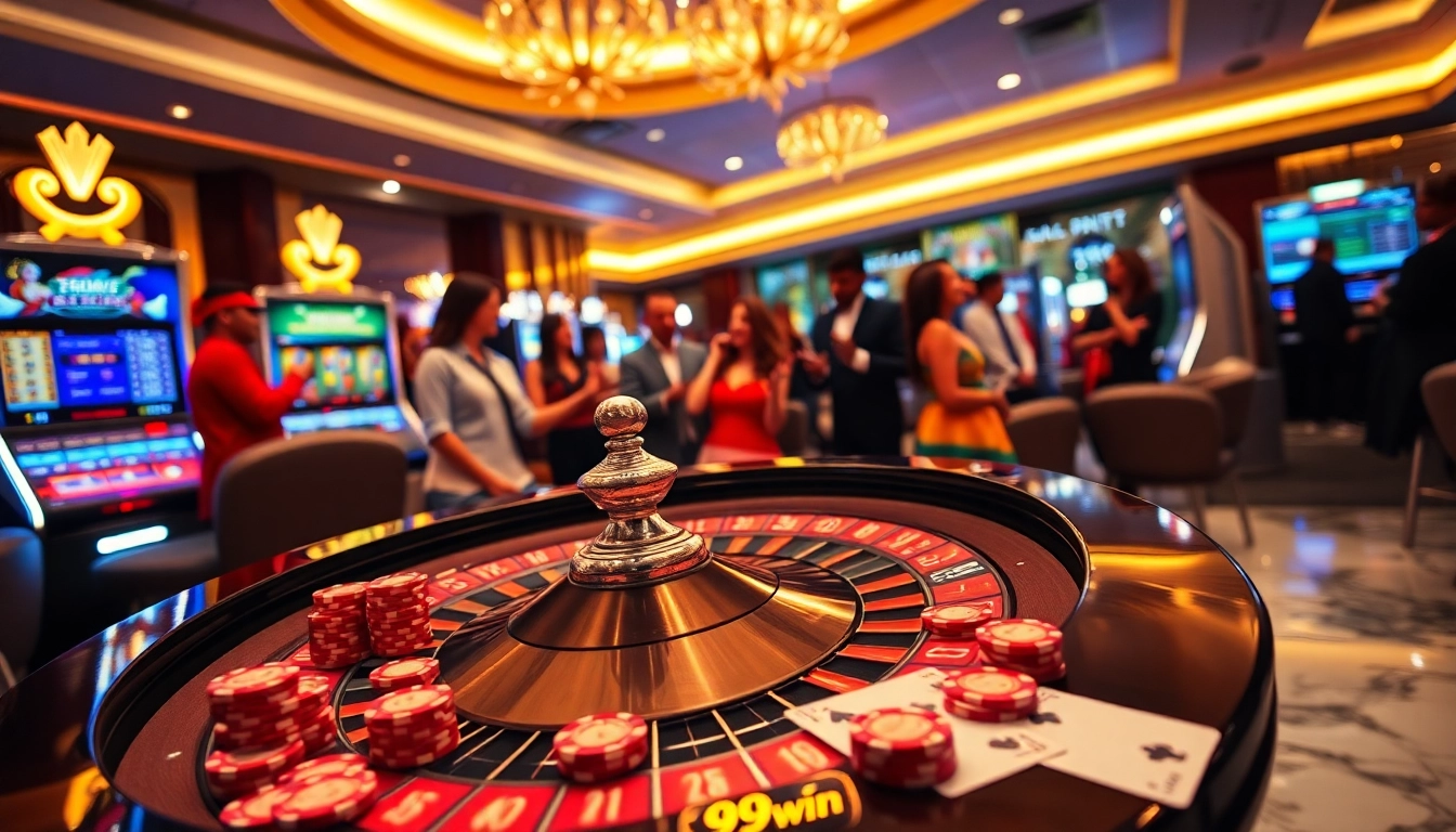 Experience the thrill of betting with 99.win at an upscale casino, featuring roulette tables and poker chips.