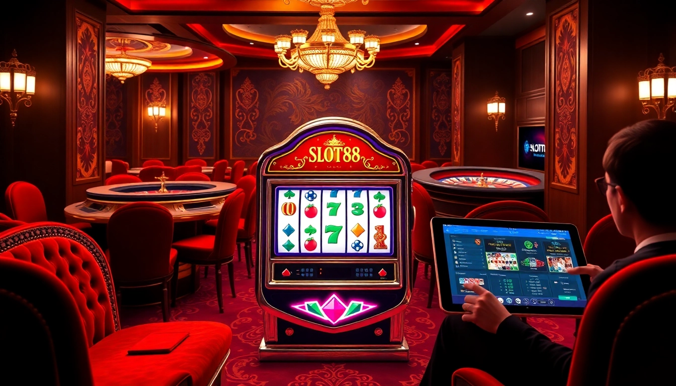 Spin the exciting slot88 machine amidst a vibrant casino atmosphere, capturing the thrill of gaming.