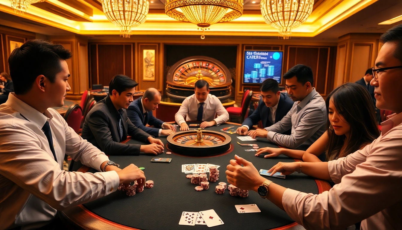 Siu88 poker players strategizing at a high-stakes table in an exciting casino atmosphere.