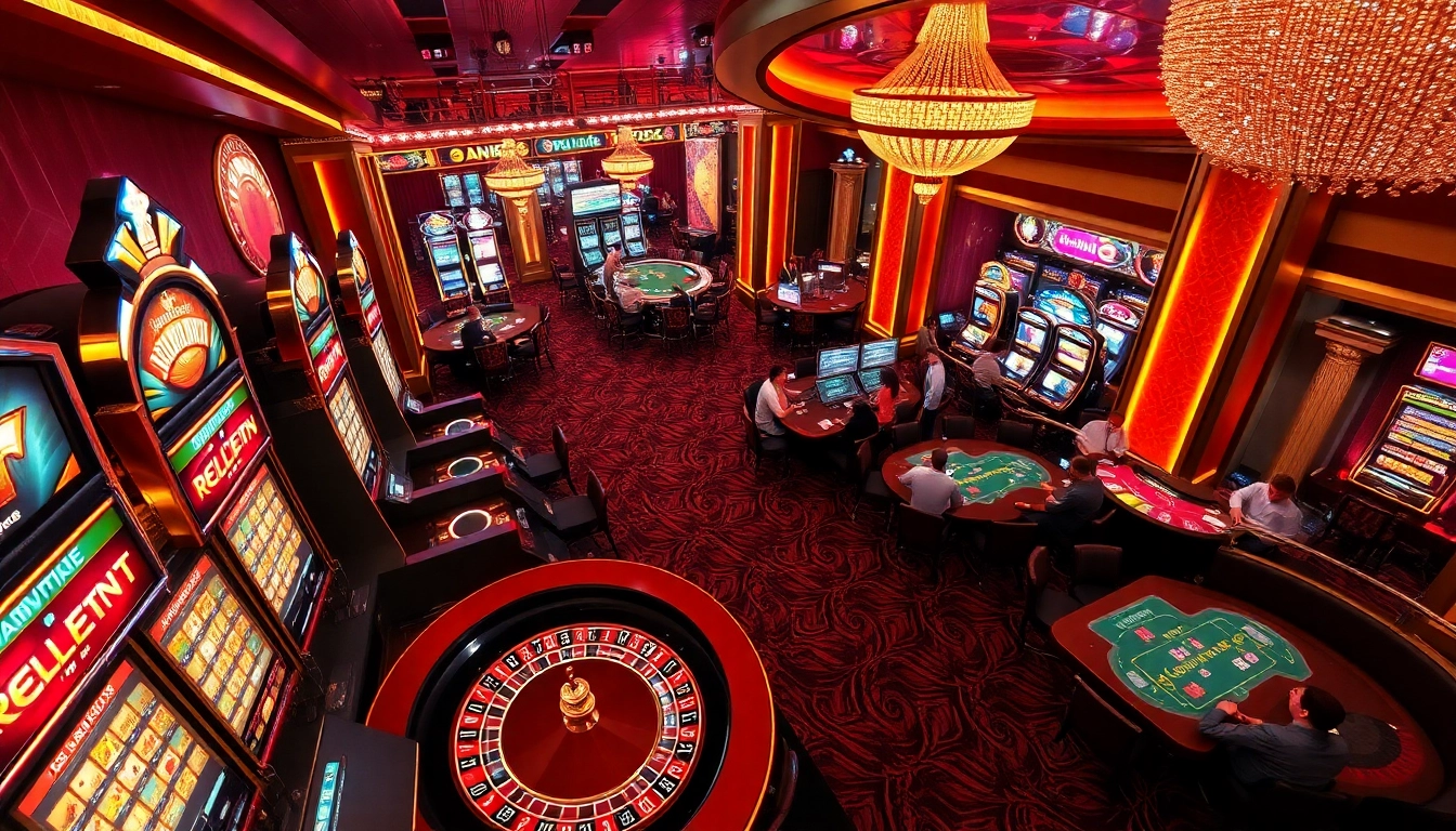 Exciting casino atmosphere with players engaged at nohu90.com slot machines and poker tables.