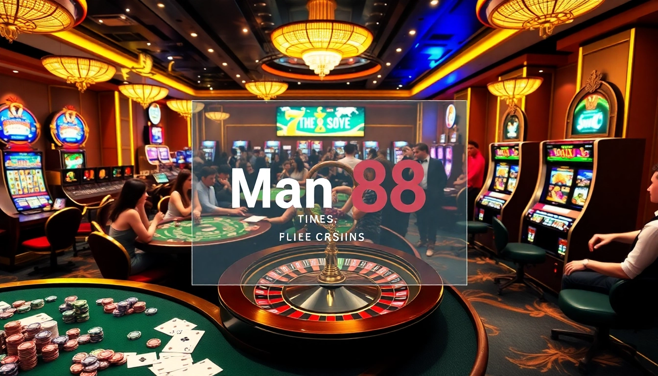 Man 88 casino atmosphere featuring poker chips, roulette wheel, and slot machines.