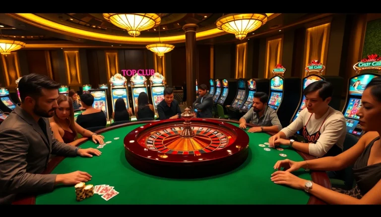 Players enjoying high-stakes games at the TOP CLUB casino with roulette and poker tables.