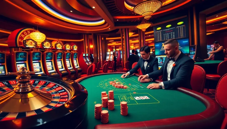 Exciting casino gameplay at phwin with roulette wheel, slot machines, and blackjack action.