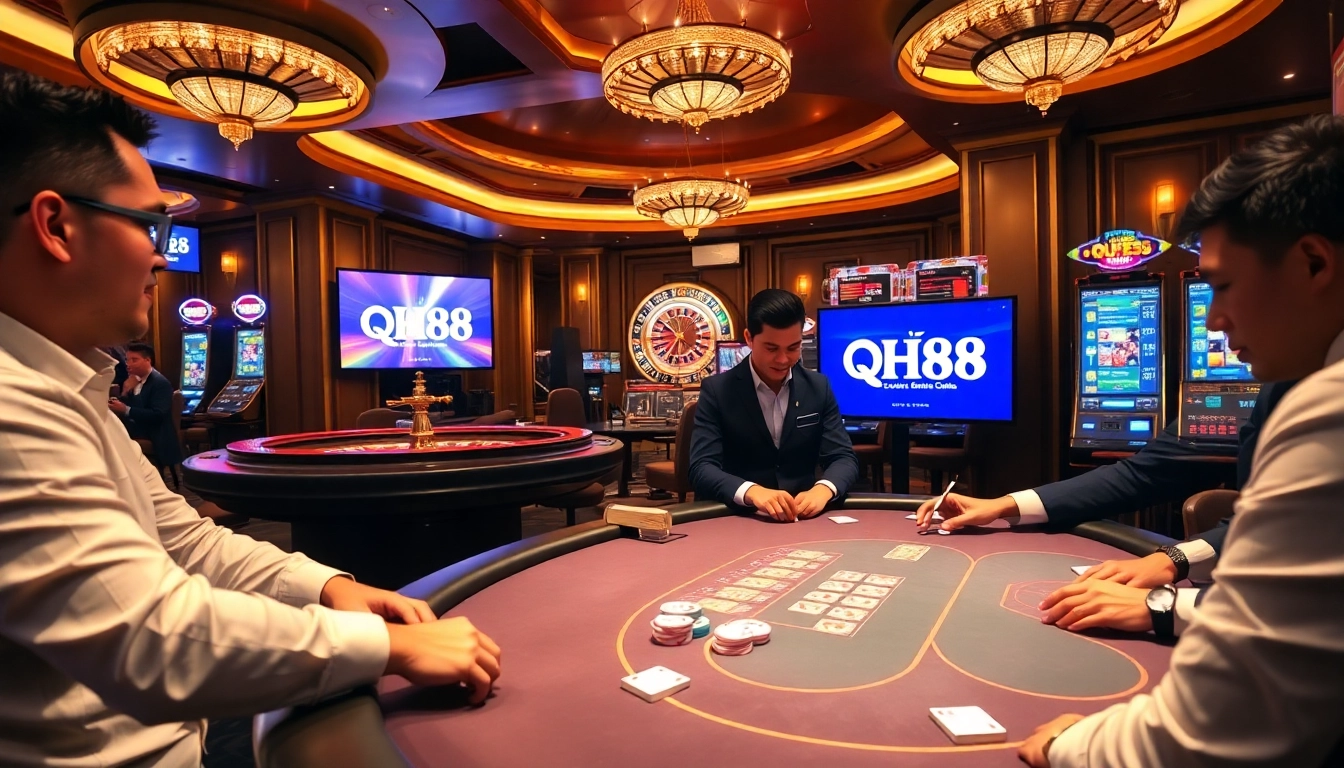 High-stakes poker table scene at a casino, showcasing QH88 branding and exciting gameplay.