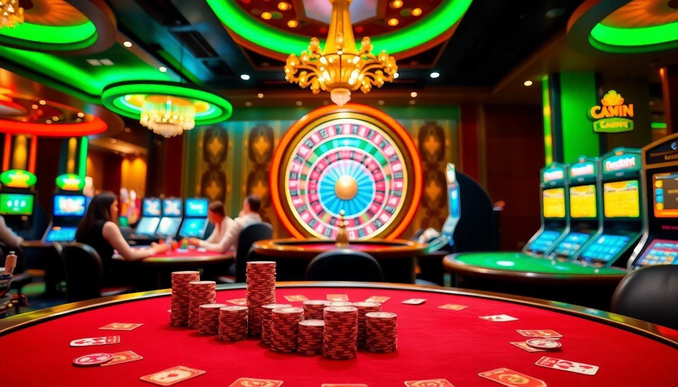 Stunning casino scene with poker tables and slot machines highlighting https://23wini.online gaming excitement.