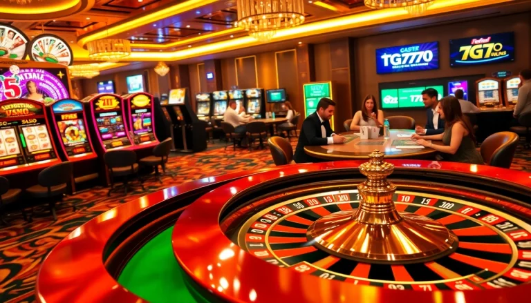 Engaging casino scene highlighting TG777 link with roulette table, slot machines, and enthusiastic players.