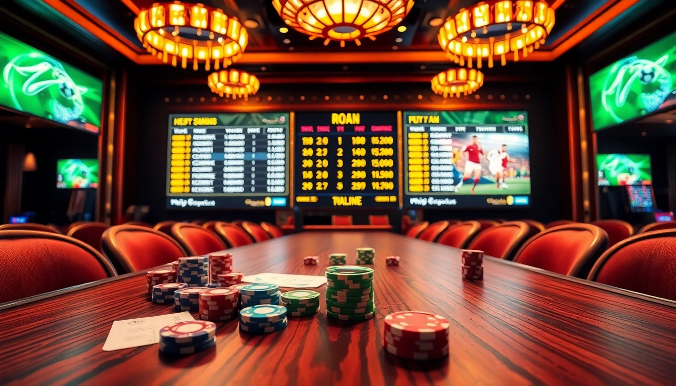Engaging sports betting scene highlighting kèo bóng đá with colorful chips and dynamic odds display.