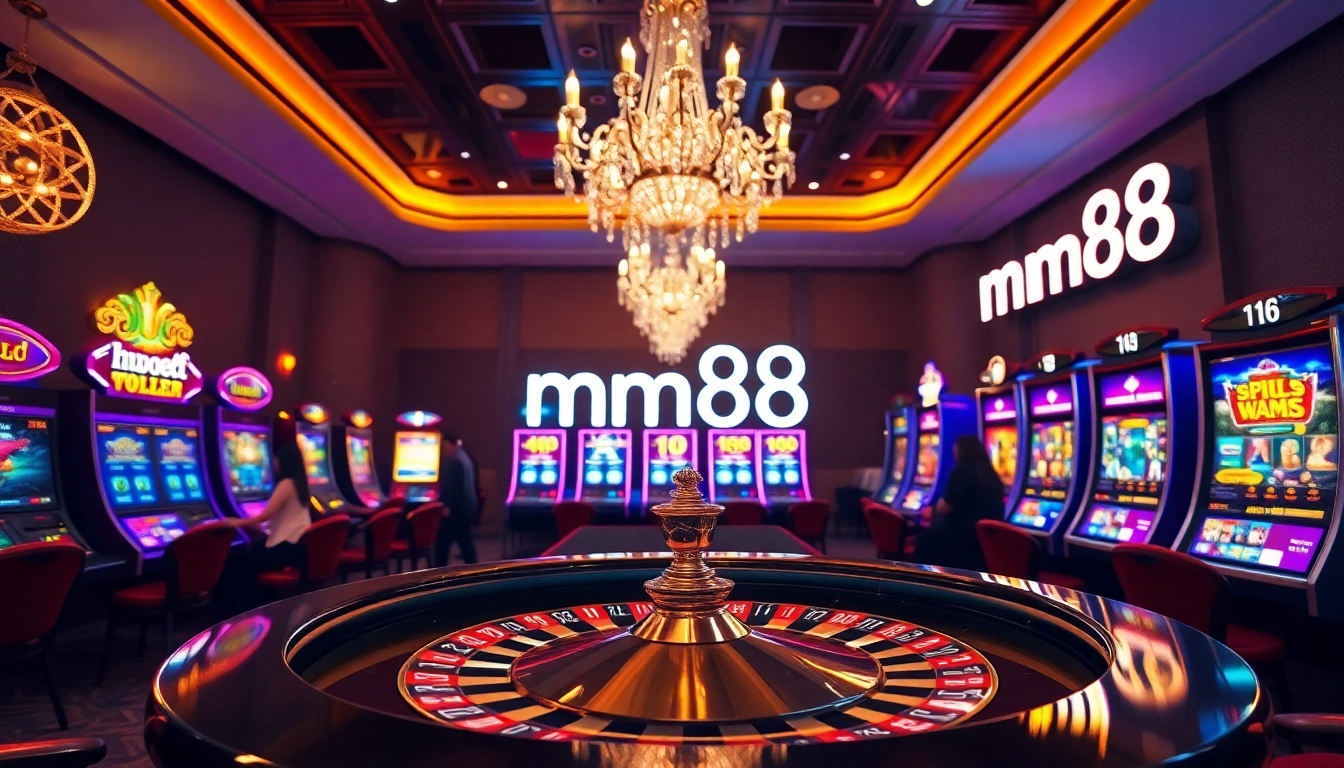 Experience the thrill of mm88 with vibrant casino activities featuring tables and slot machines.