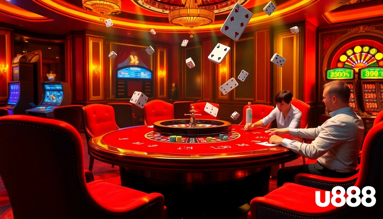 Players enjoying a thrilling poker game at u888 casino with rich décor and vibrant atmosphere.