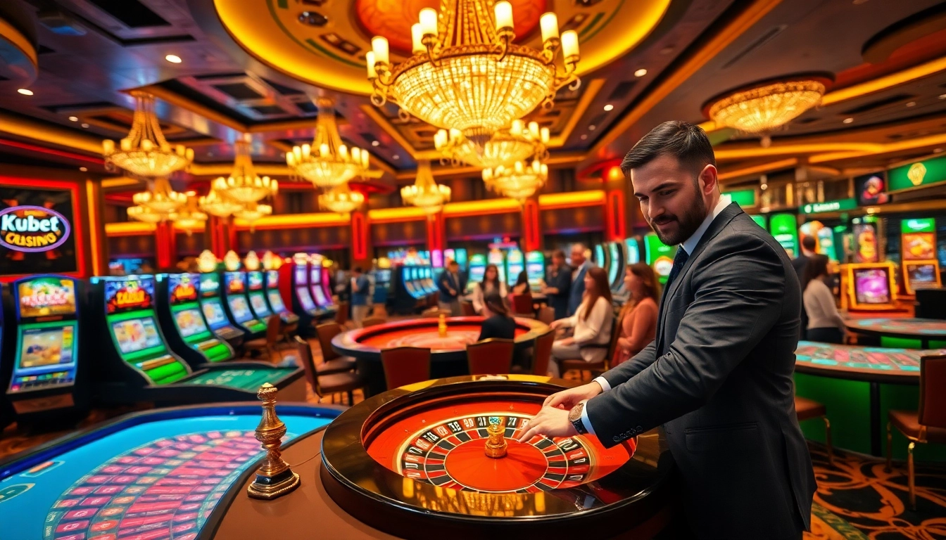 Kubet action at a luxury casino with players engaging in roulette and slot games.