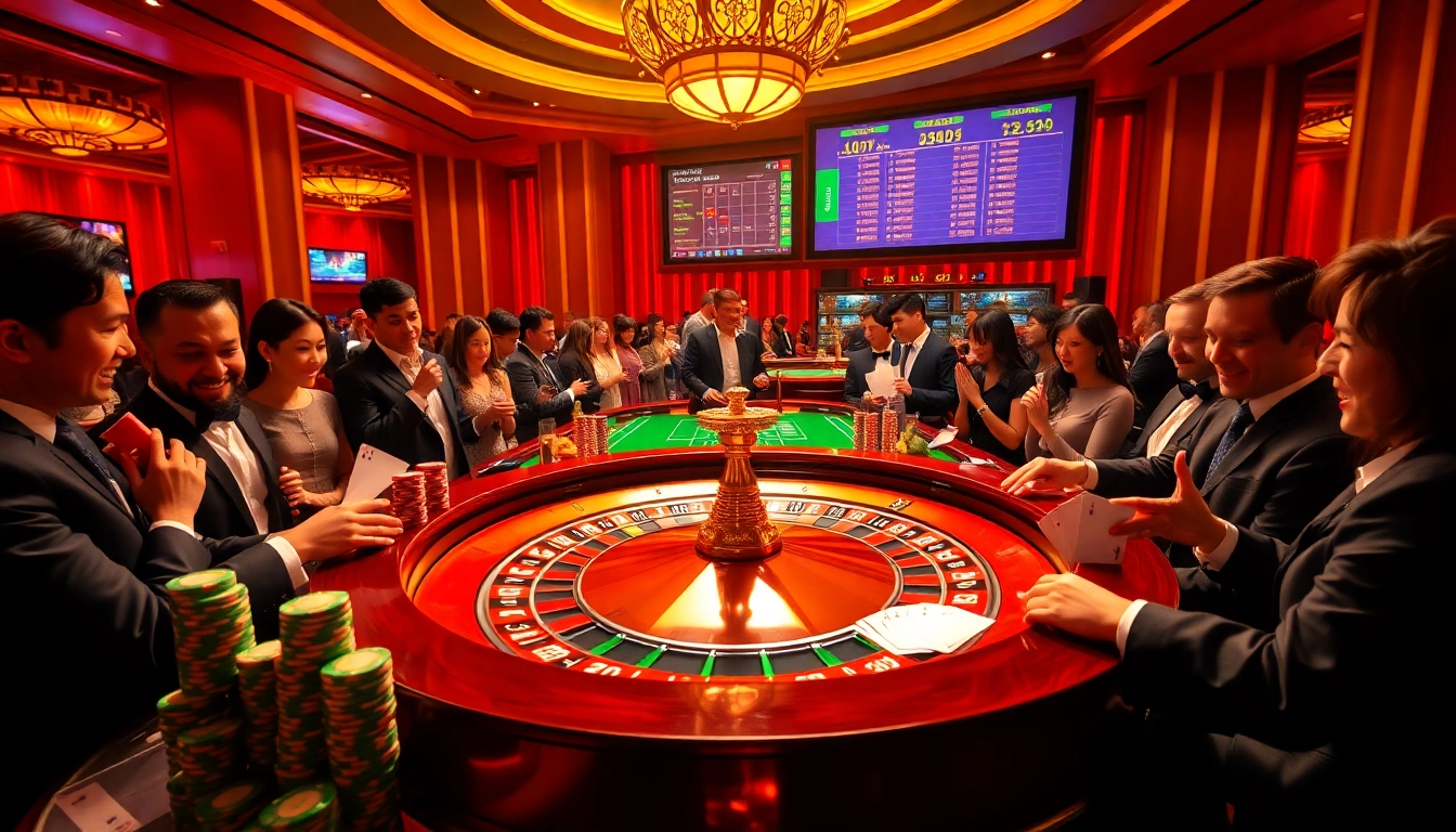 Exciting casino scene with players at a roulette table featuring https://fun793.org/ betting on winning strategies.