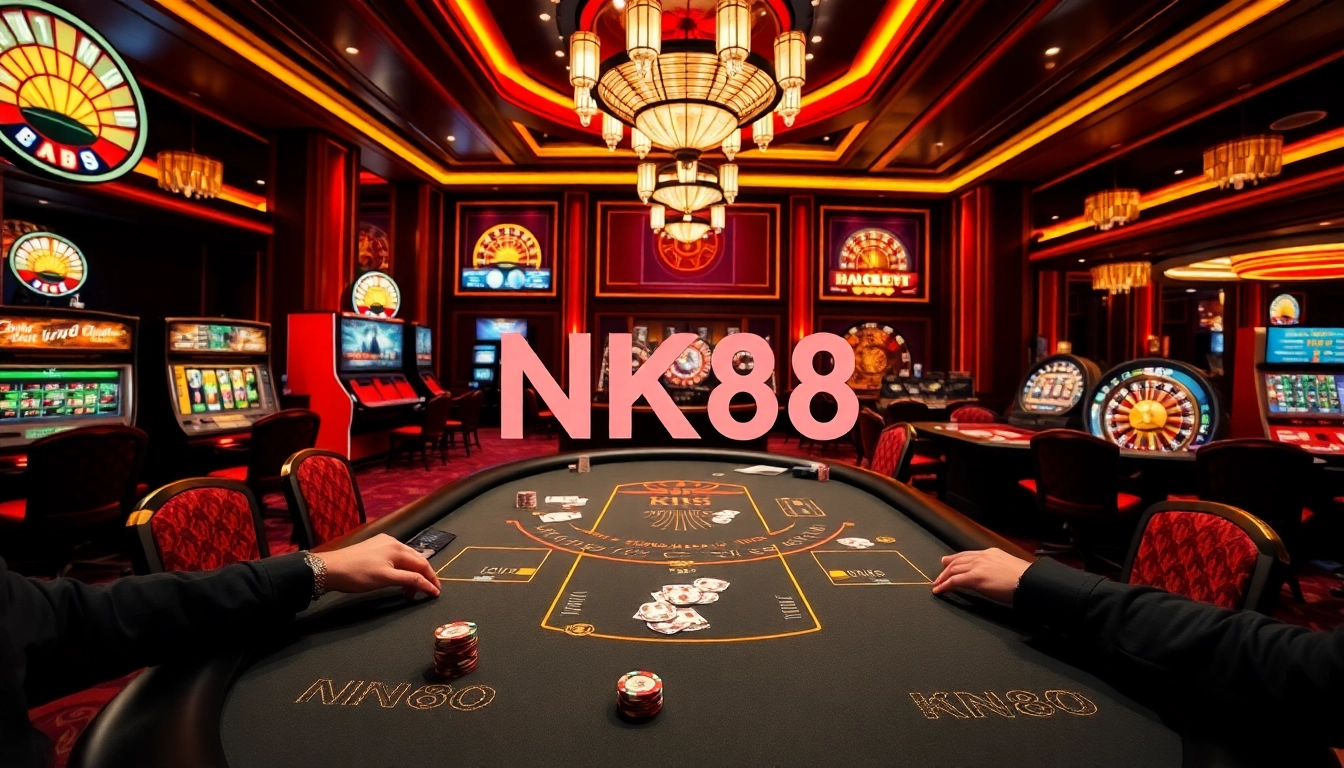 Experience the thrill of NK88 at a luxurious blackjack table with vibrant gaming elements.