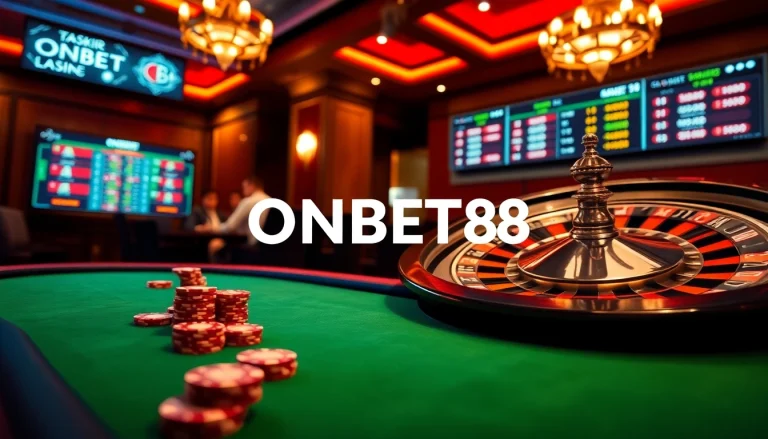 Engage in thrilling online gaming with ONBET88, featuring poker tables and roulette wheels.