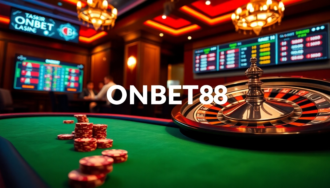 Engage in thrilling online gaming with ONBET88, featuring poker tables and roulette wheels.