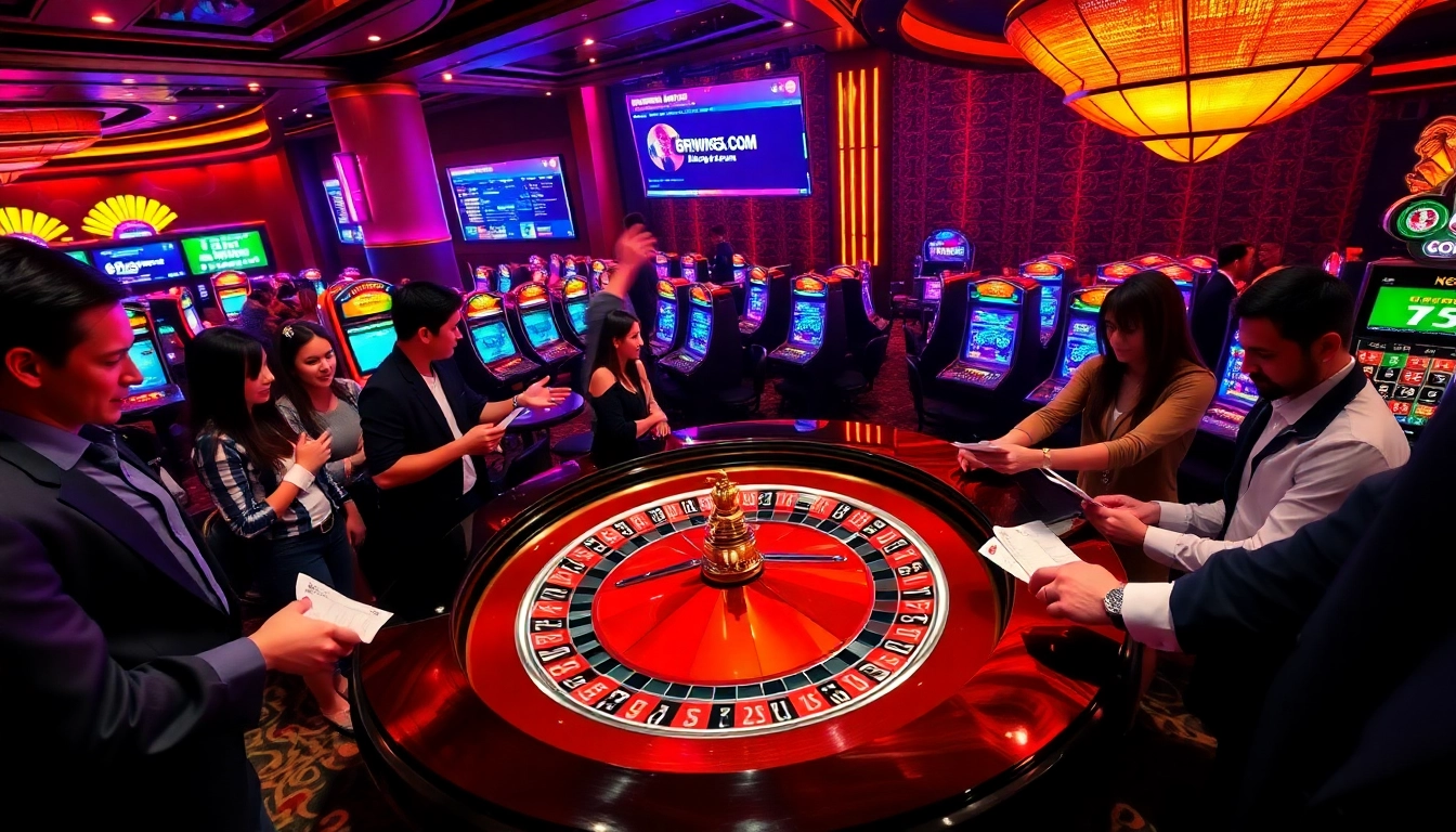 A thrilling casino scene with gamblers enjoying 6RWIN55 COM on a roulette table, conveying excitement and luxury.