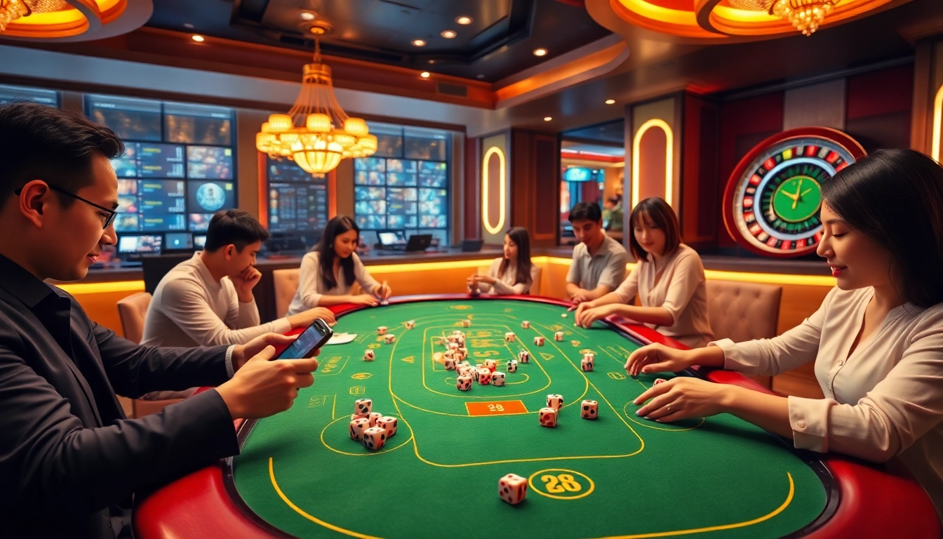 Exciting view of players engaging in Tai Xiu online with digital devices on a luxurious casino table.