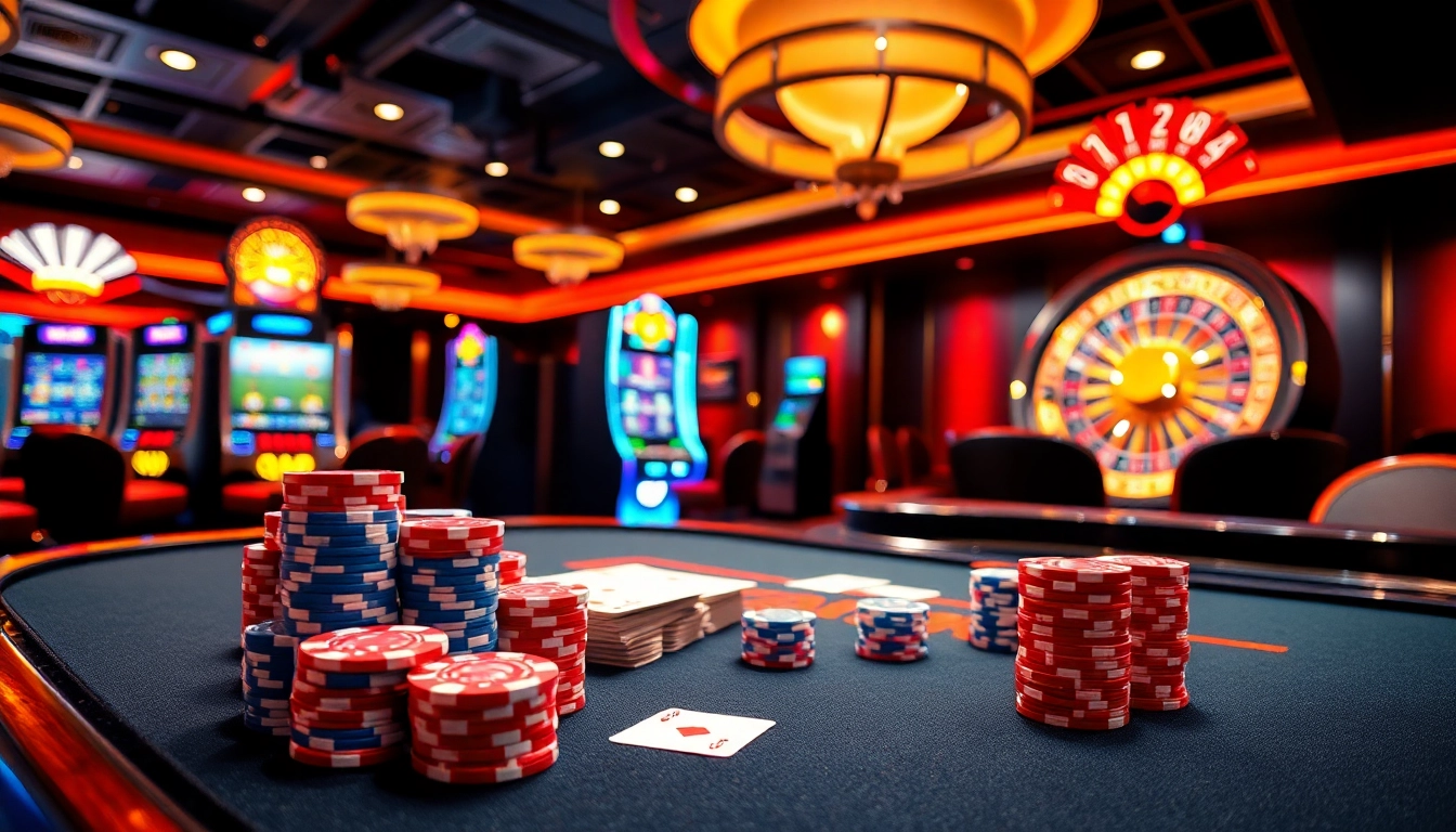 Engage with lô kép hôm nay at an upscale casino table featuring poker chips and illuminated slot machines.