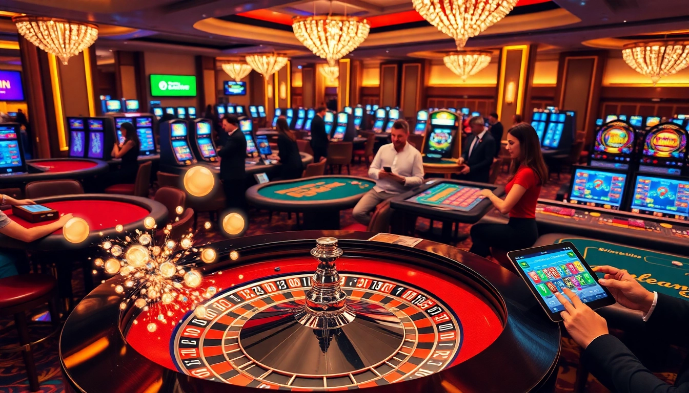 Sunwin gaming experience with vibrant tables, roulette, and excited players in a luxurious casino.