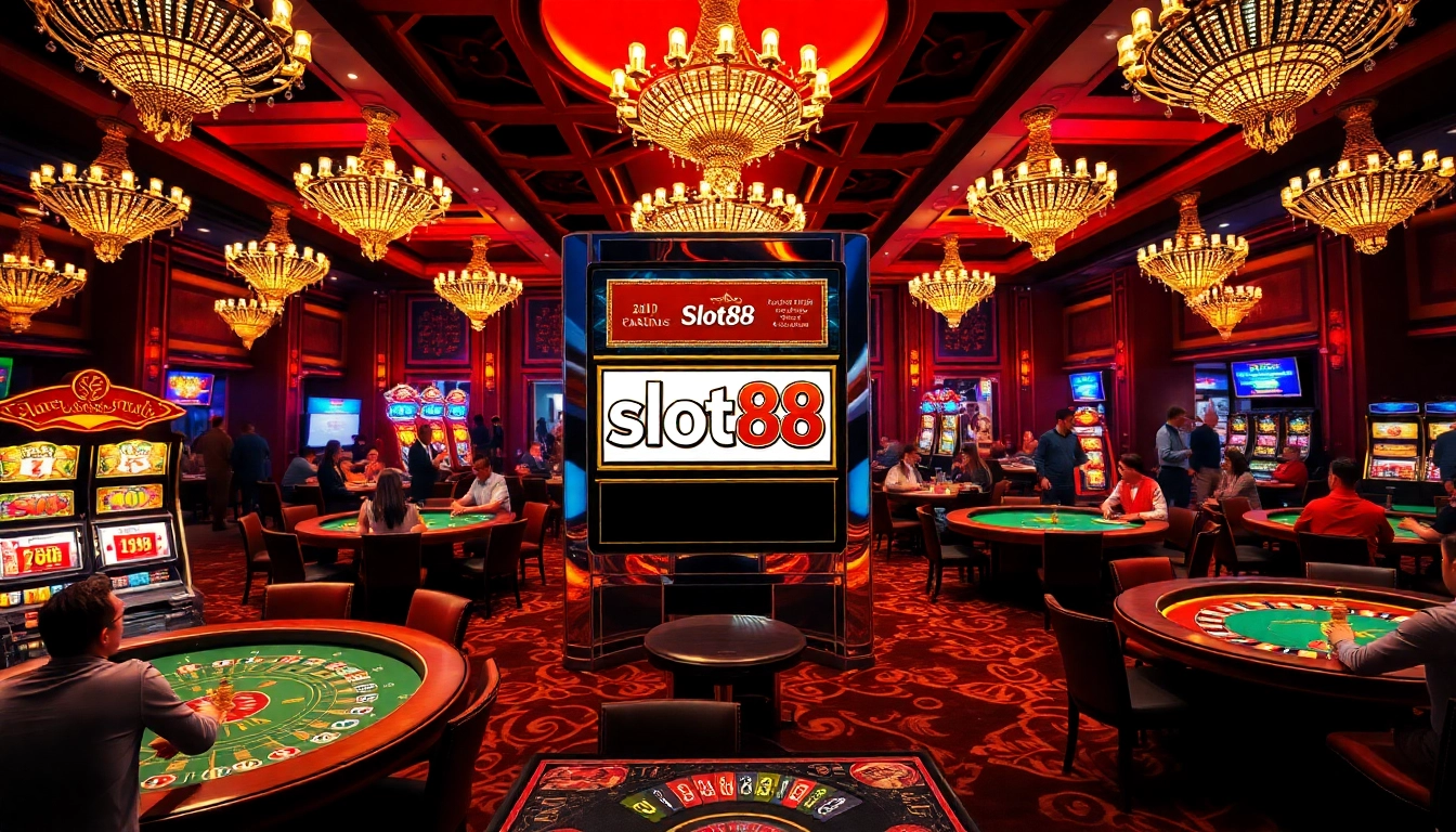 Excited players enjoying a lively slot88 gaming atmosphere in an elegant casino.