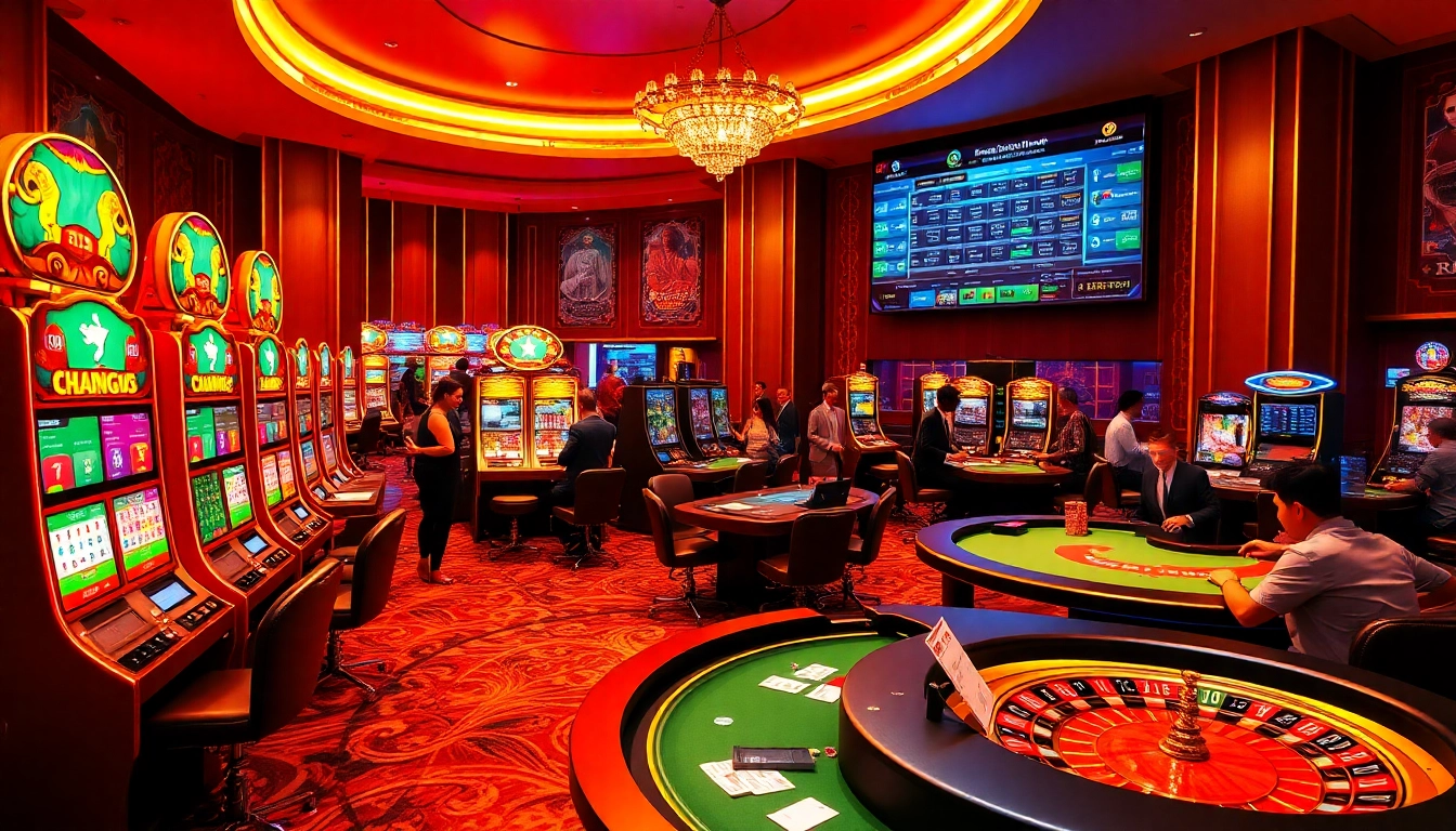 Experience the thrill of gaming at betbdt.art with luxury slot machines and poker tables in a vibrant casino scene.