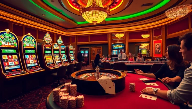 Experience the excitement of u 888 at a luxurious casino with tables and vibrant slot machines.