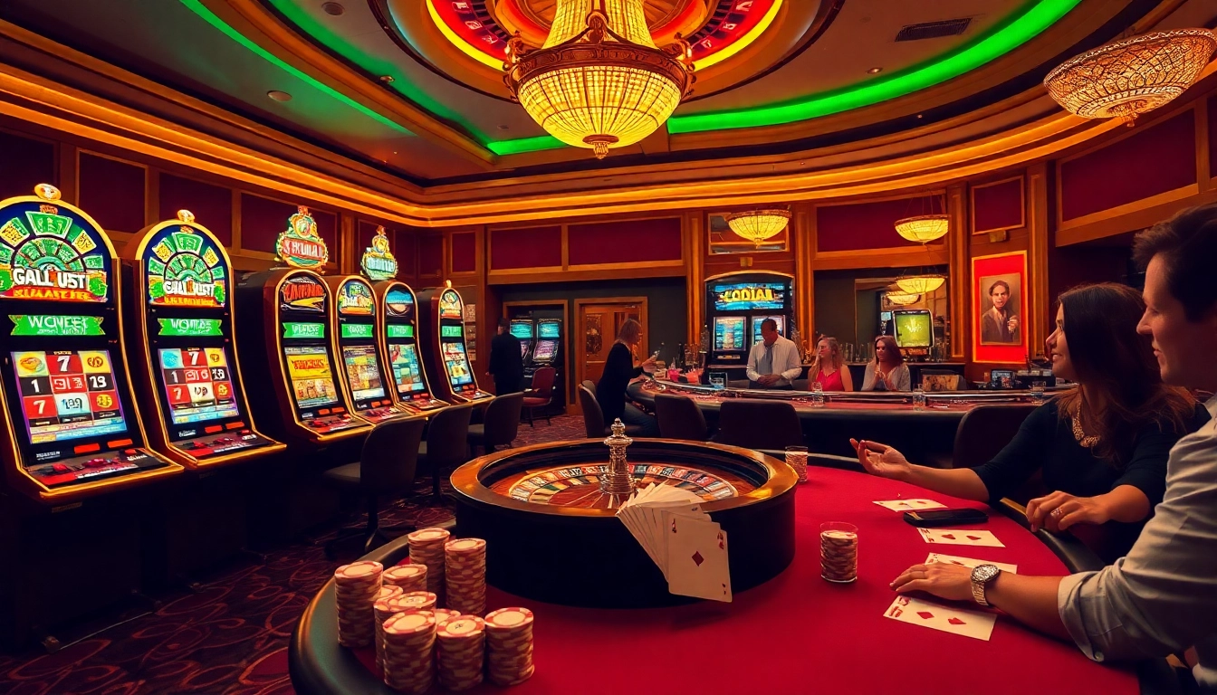 Experience the excitement of u 888 at a luxurious casino with tables and vibrant slot machines.